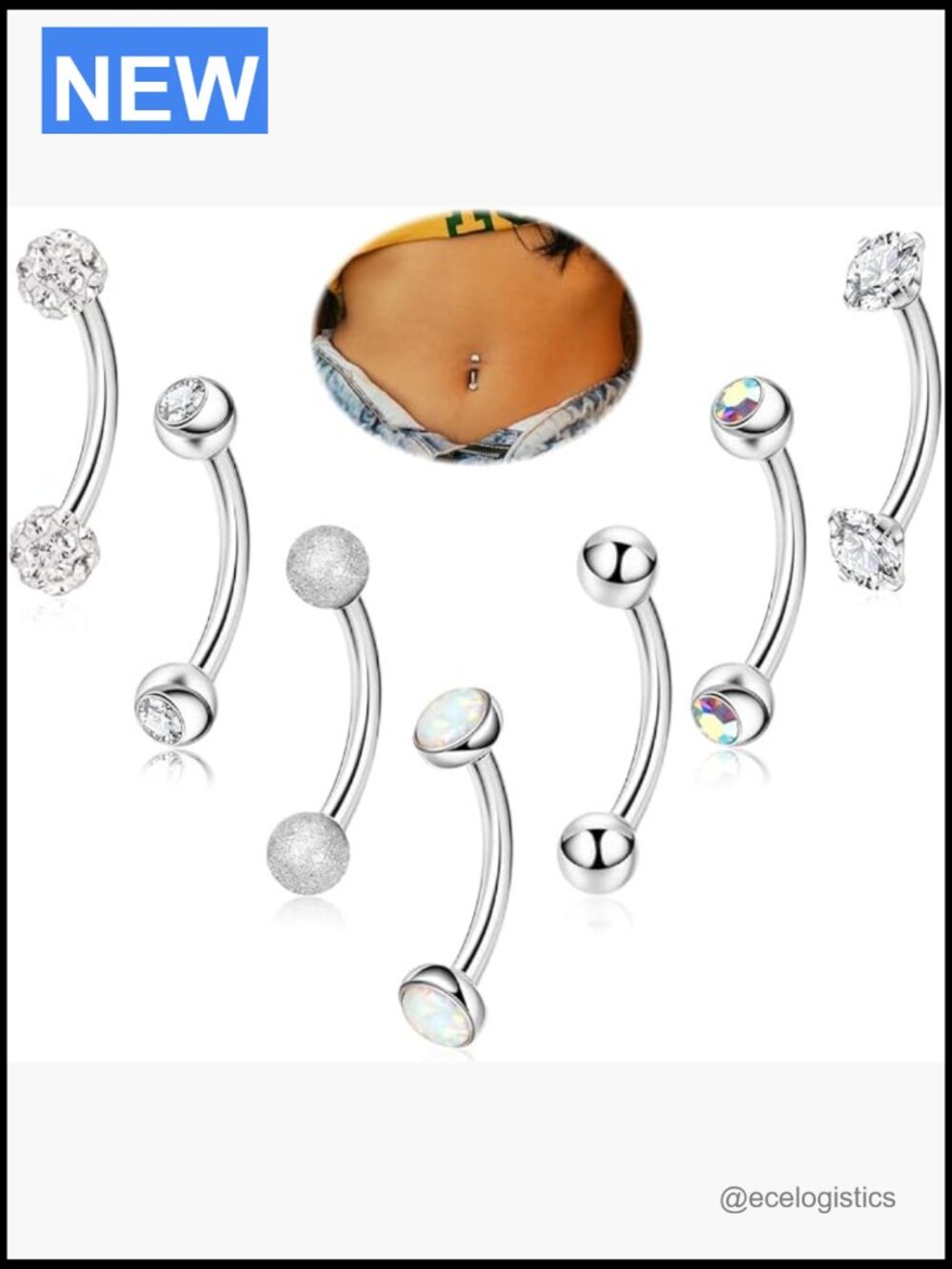7PCS 14G Stainless Steel Small Belly Button Rings Internally Threaded Curved